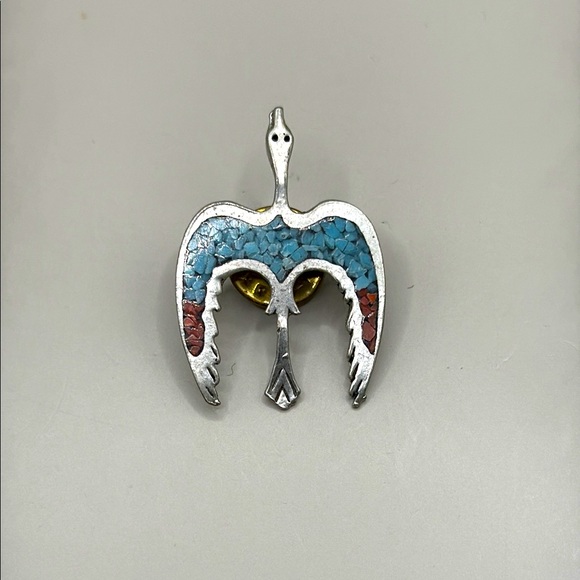 Vintage Silver Southwestern Bird Pendant with Blue and Red Accents Brooch Pin - Picture 1 of 2